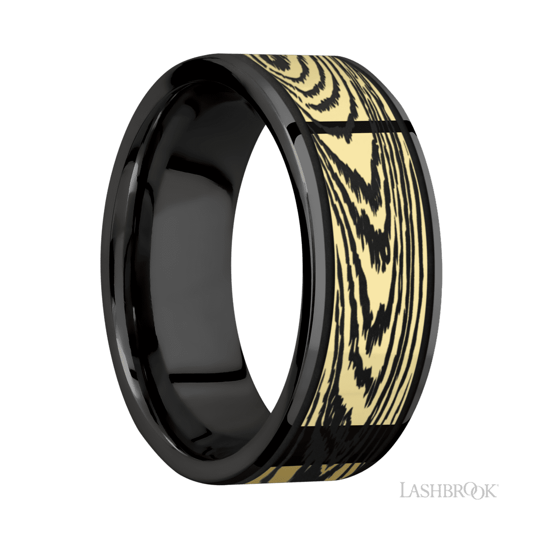 8 mm wide/Flat/Zirconium band with one 6 mm Centered inlay of 14K Yellow Gold with a laser carved Woodgrain pattern.-Wedding Band-Lashbrook Designs-I don' know or see my size-hurdles-jewelry-boulder-colorado