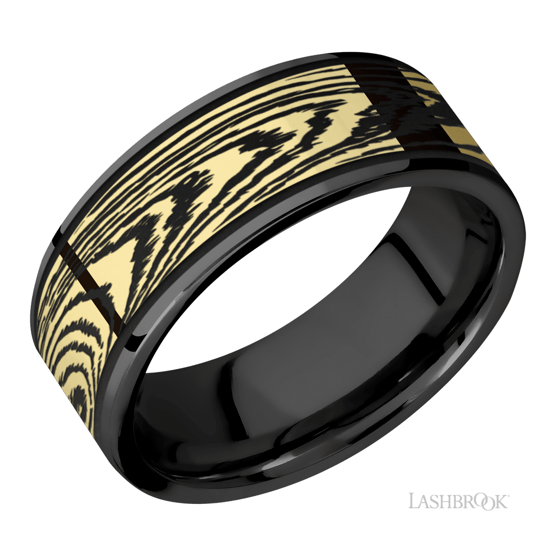 8 mm wide/Flat/Zirconium band with one 6 mm Centered inlay of 14K Yellow Gold with a laser carved Woodgrain pattern.-Wedding Band-Lashbrook Designs-I don' know or see my size-hurdles-jewelry-boulder-colorado