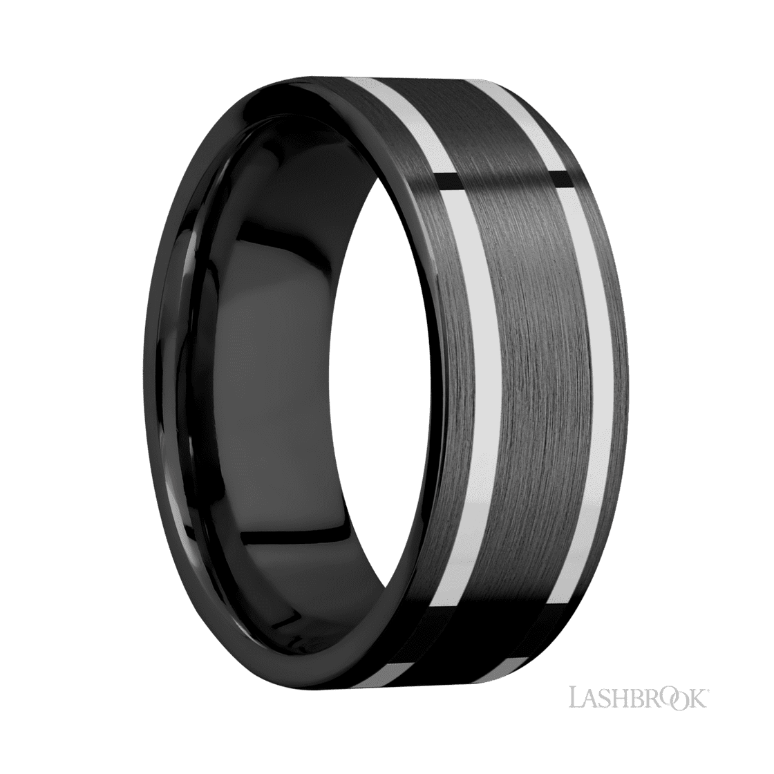 8 mm wide/Flat/Zirconium band with two 1 mm Wide inlays of 14K White Gold.-Wedding Band-Lashbrook Designs-I don' know or see my size-hurdles-jewelry-boulder-colorado
