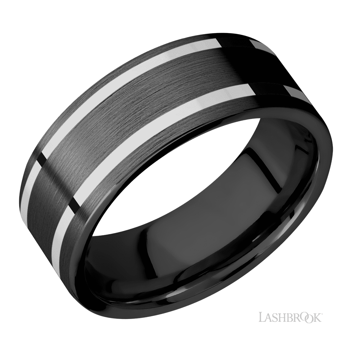 8 mm wide/Flat/Zirconium band with two 1 mm Wide inlays of 14K White Gold.-Wedding Band-Lashbrook Designs-I don' know or see my size-hurdles-jewelry-boulder-colorado