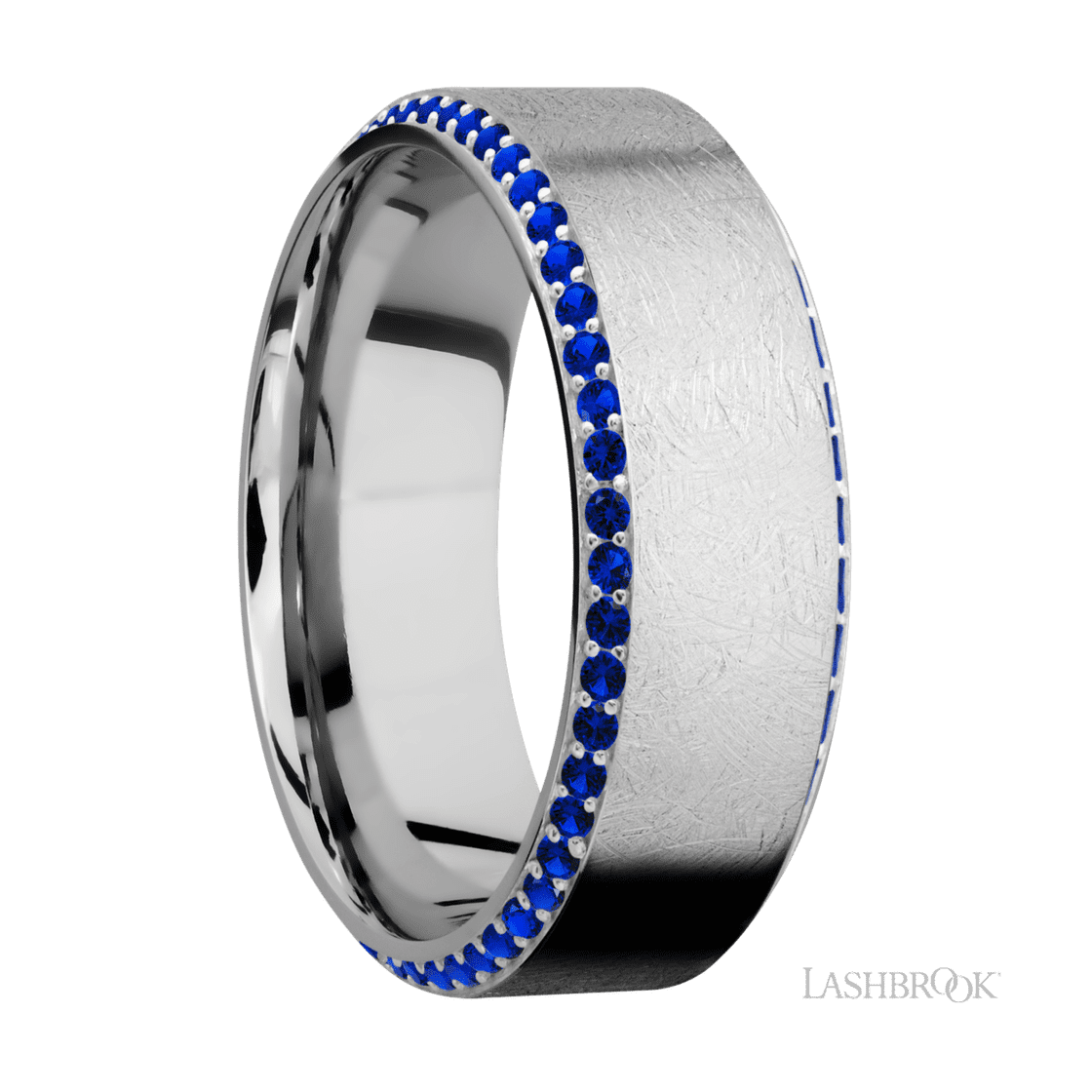 8 mm wide/High Bevel/14K White Gold band with a Bevel Eternity arrangement of .01 carat Round Sapphire stones in a Bead setting.-Wedding Band-Lashbrook Designs-I don' know or see my size-hurdles-jewelry-boulder-colorado