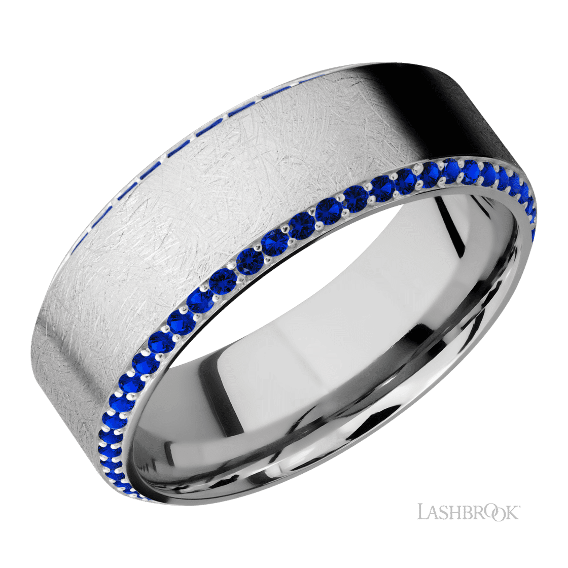 8 mm wide/High Bevel/14K White Gold band with a Bevel Eternity arrangement of .01 carat Round Sapphire stones in a Bead setting.-Wedding Band-Lashbrook Designs-I don' know or see my size-hurdles-jewelry-boulder-colorado