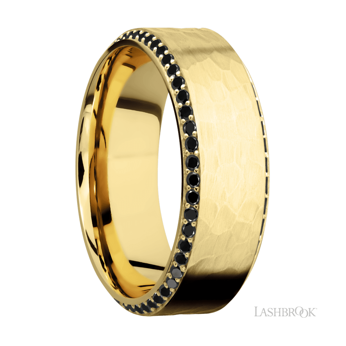8 mm wide/High Bevel/14K Yellow Gold band with a Bevel Eternity arrangement of .01 carat Round Black Diamond stones in a Bead setting.-Wedding Band-Lashbrook Designs-I don' know or see my size-hurdles-jewelry-boulder-colorado