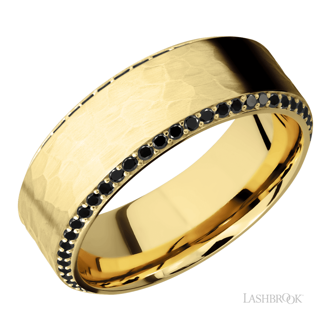 8 mm wide/High Bevel/14K Yellow Gold band with a Bevel Eternity arrangement of .01 carat Round Black Diamond stones in a Bead setting.-Wedding Band-Lashbrook Designs-I don' know or see my size-hurdles-jewelry-boulder-colorado