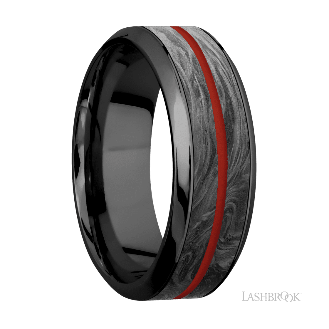 8 mm wide/High Bevel/Zirconium band featuring inlays of Forged Carbon Fiber and USMC Red.-Wedding Band-Lashbrook Designs-I don' know or see my size-hurdles-jewelry-boulder-colorado
