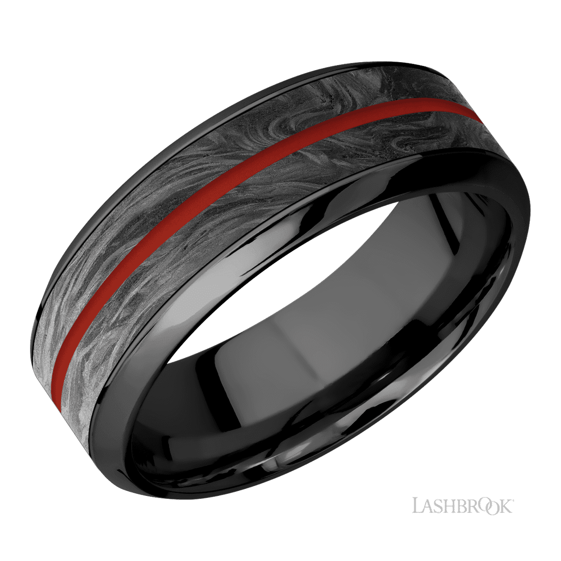 8 mm wide/High Bevel/Zirconium band featuring inlays of Forged Carbon Fiber and USMC Red.-Wedding Band-Lashbrook Designs-I don' know or see my size-hurdles-jewelry-boulder-colorado