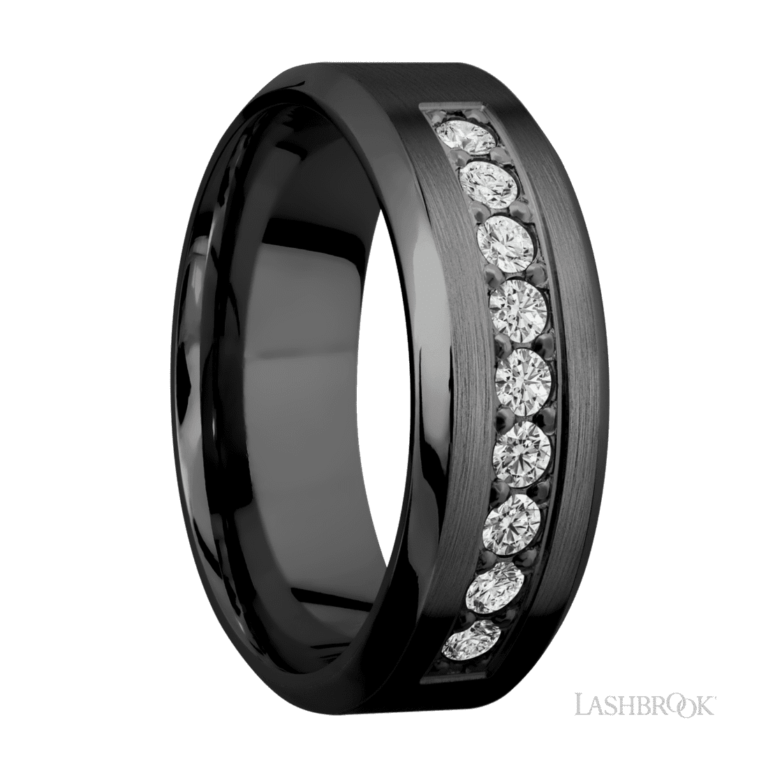 8 mm wide/High Bevel/Zirconium band with an arrangement of 9, .05 carat Round Diamond stones in a Bead setting.-Wedding Band-Lashbrook Designs-I don' know or see my size-hurdles-jewelry-boulder-colorado