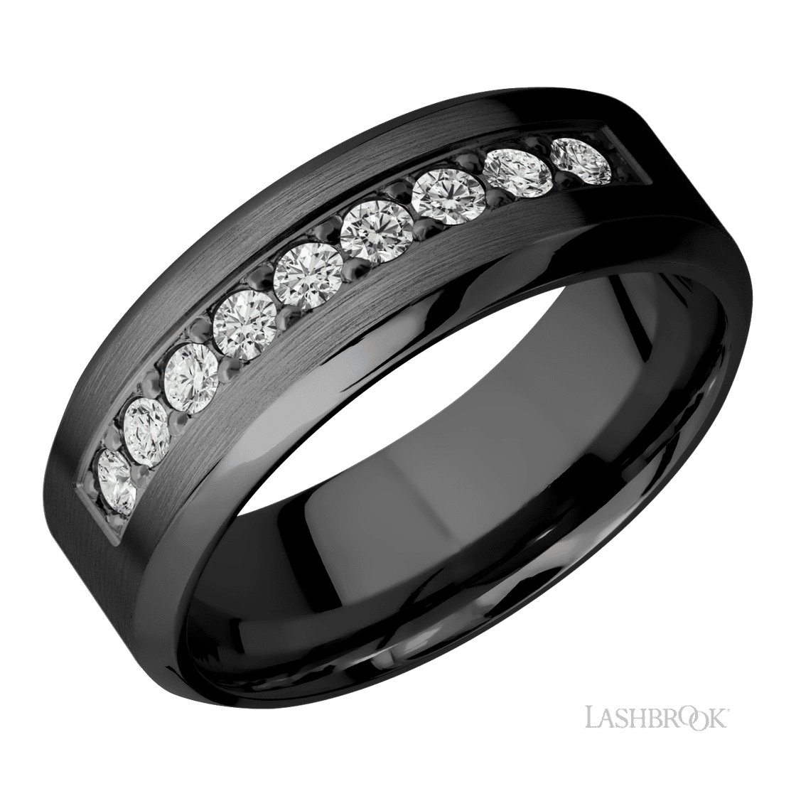 8 mm wide/High Bevel/Zirconium band with an arrangement of 9, .05 carat Round Diamond stones in a Bead setting.-Wedding Band-Lashbrook Designs-I don' know or see my size-hurdles-jewelry-boulder-colorado