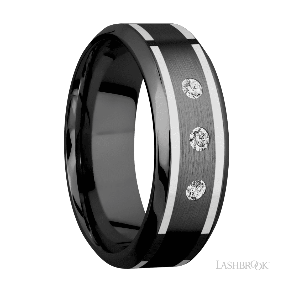 8 mm wide/High Bevel/Zirconium band with two 1 mm Wide inlays of 14K White Gold and featuring an arrangement of 3, .05 carat Round Diamond (ST) stones in a Flush setting-Wedding Band-Lashbrook Designs-I don' know or see my size-hurdles-jewelry-boulder-colorado