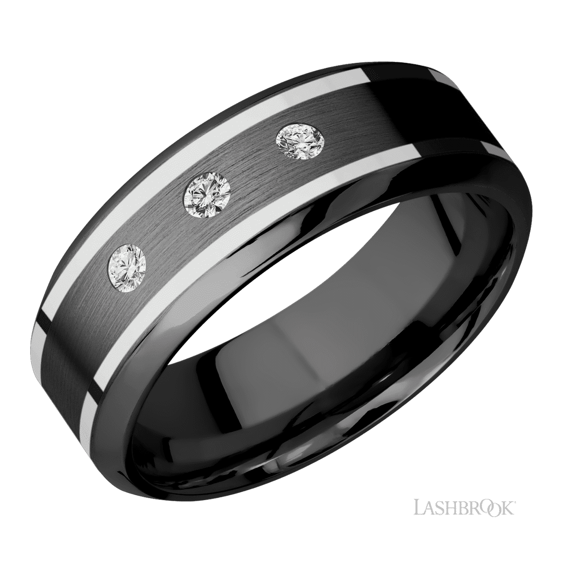 8 mm wide/High Bevel/Zirconium band with two 1 mm Wide inlays of 14K White Gold and featuring an arrangement of 3, .05 carat Round Diamond (ST) stones in a Flush setting-Wedding Band-Lashbrook Designs-I don' know or see my size-hurdles-jewelry-boulder-colorado