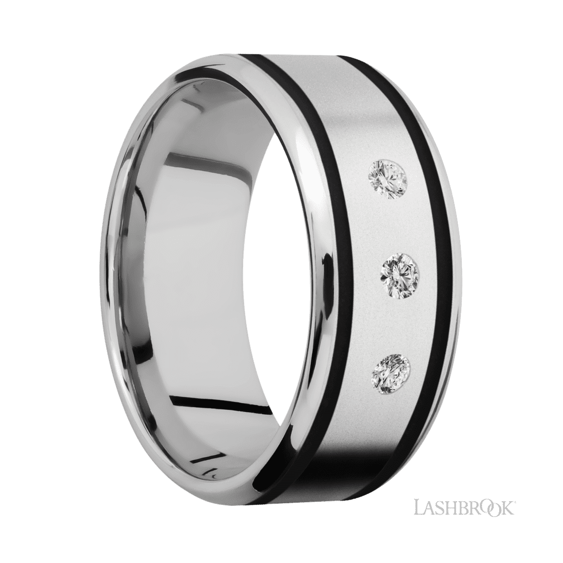 9 mm wide/Beveled/Cobalt Chrome band with two 1 mm Wide inlays of Black and featuring an arrangement of 3, .05 carat Round Diamond stones in a Flush setting-Wedding Band-Lashbrook Designs-I don' know or see my size-hurdles-jewelry-boulder-colorado