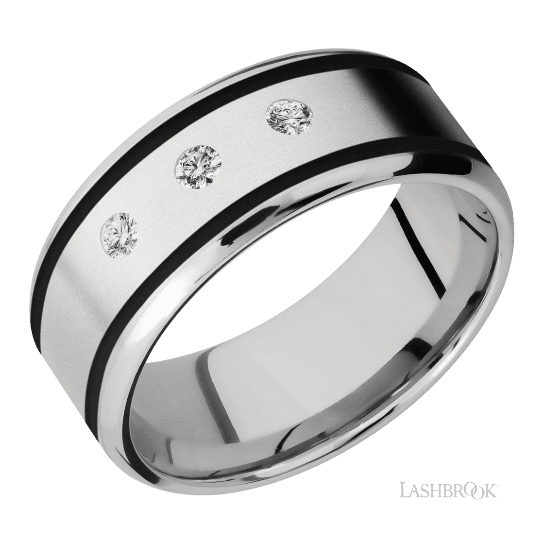 9 mm wide/Beveled/Cobalt Chrome band with two 1 mm Wide inlays of Black and featuring an arrangement of 3, .05 carat Round Diamond stones in a Flush setting-Wedding Band-Lashbrook Designs-I don' know or see my size-hurdles-jewelry-boulder-colorado