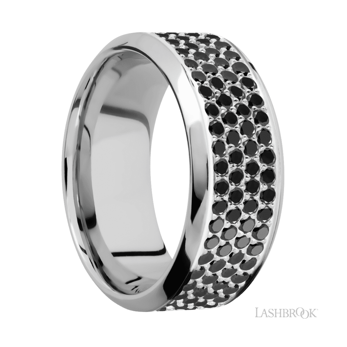 9 mm wide/High Bevel/14K White Gold band with a 4 Row Half Eternity arrangement of .015 carat Round Black Diamond stones in a Bead Channel setting.-Wedding Band-Lashbrook Designs-I don' know or see my size-hurdles-jewelry-boulder-colorado