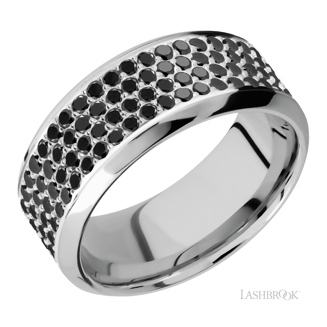 9 mm wide/High Bevel/14K White Gold band with a 4 Row Half Eternity arrangement of .015 carat Round Black Diamond stones in a Bead Channel setting.-Wedding Band-Lashbrook Designs-I don' know or see my size-hurdles-jewelry-boulder-colorado