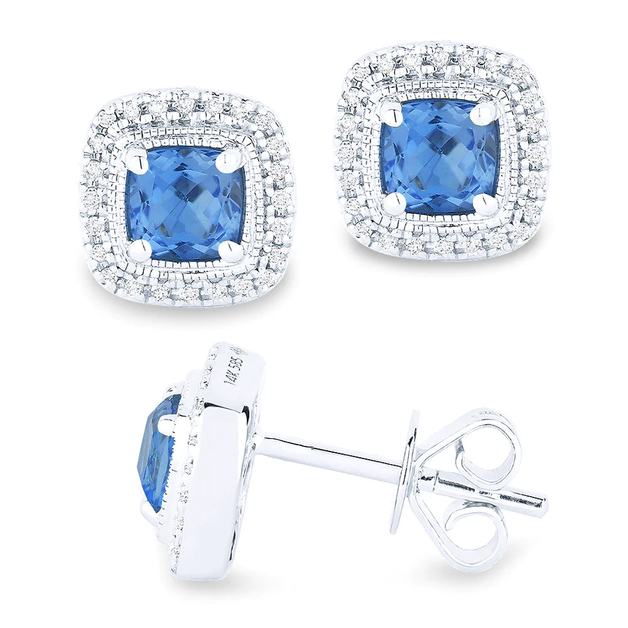 London Blue Topaz & Diamond Halo Cushion Earrings-Earrings-Madison L-hurdles-jewelry-boulder-colorado
