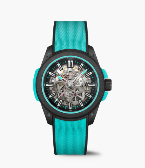 NORQAIN Wild ONE 42mm skeleton watch with black NORTEQ carbon case, turquoise rubber accents, and matching turquoise strap.
