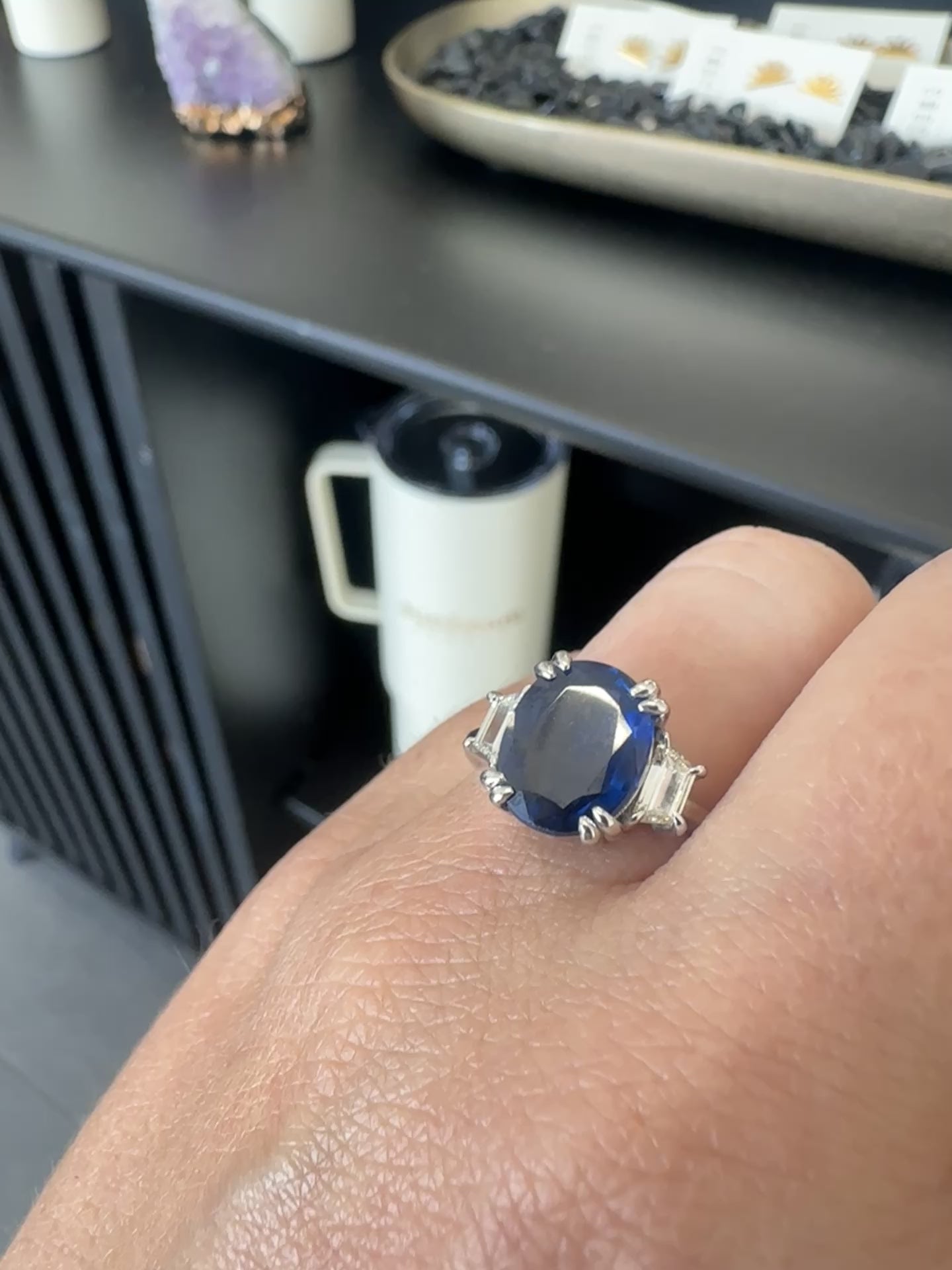 Oval Sapphire & Trapezoid Diamond Three Stone Ring