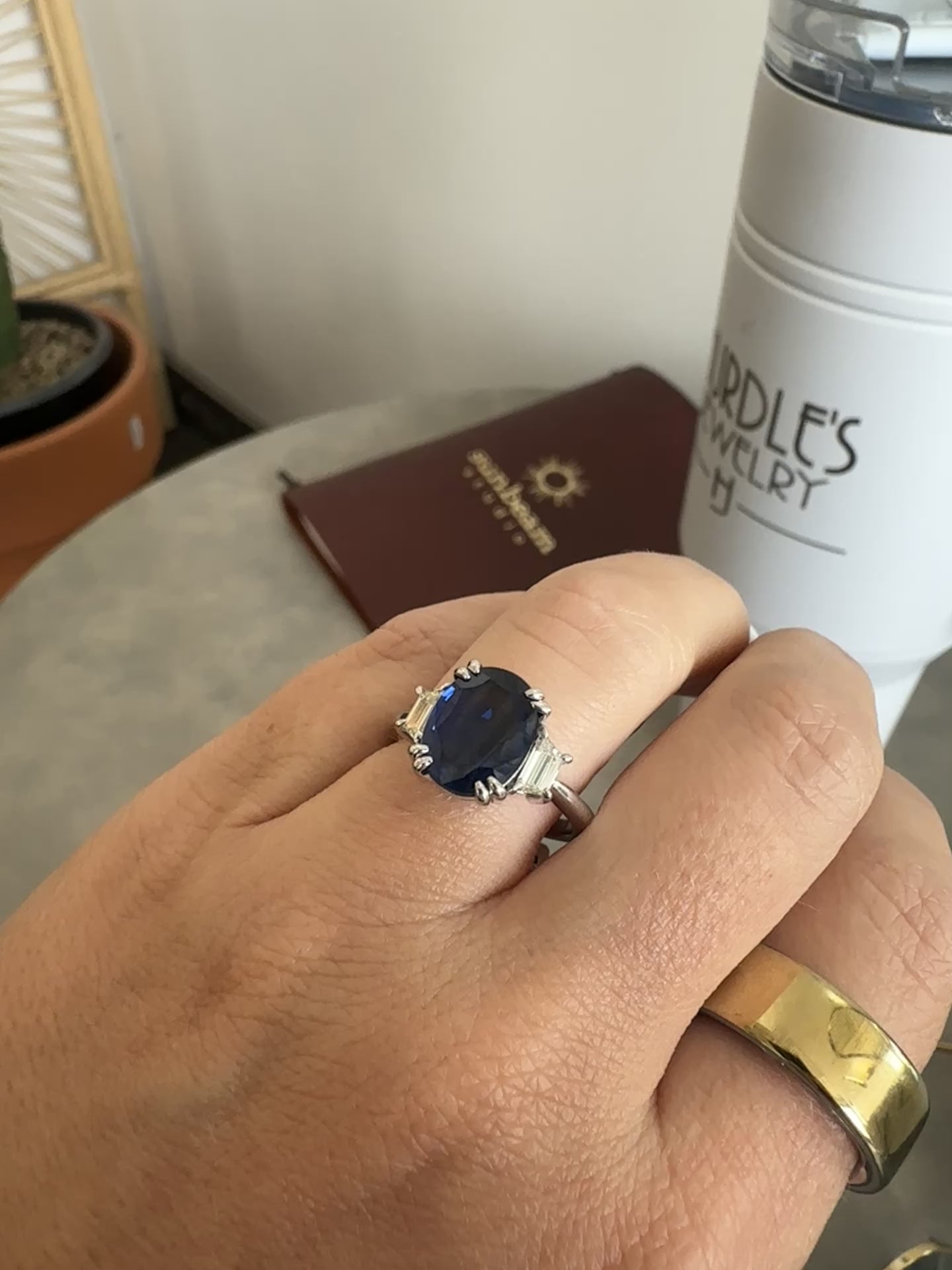 Oval Sapphire & Trapezoid Diamond Three Stone Ring